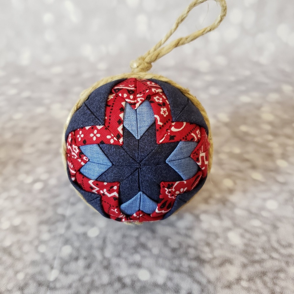 Quilted Fold Christmas Ornaments Fabric Red Blue Americana Western Hand Made - Picture 3 of 6